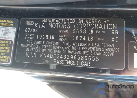 2009 Kia Rio5 Sx z USA, uszkodzony, nr VIN KNADE243396586655